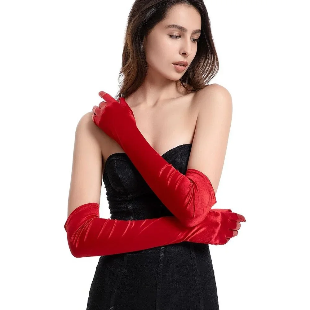 Women's Evening Red Long Satin Gloves Elbow Length Formal Party Prom Wear